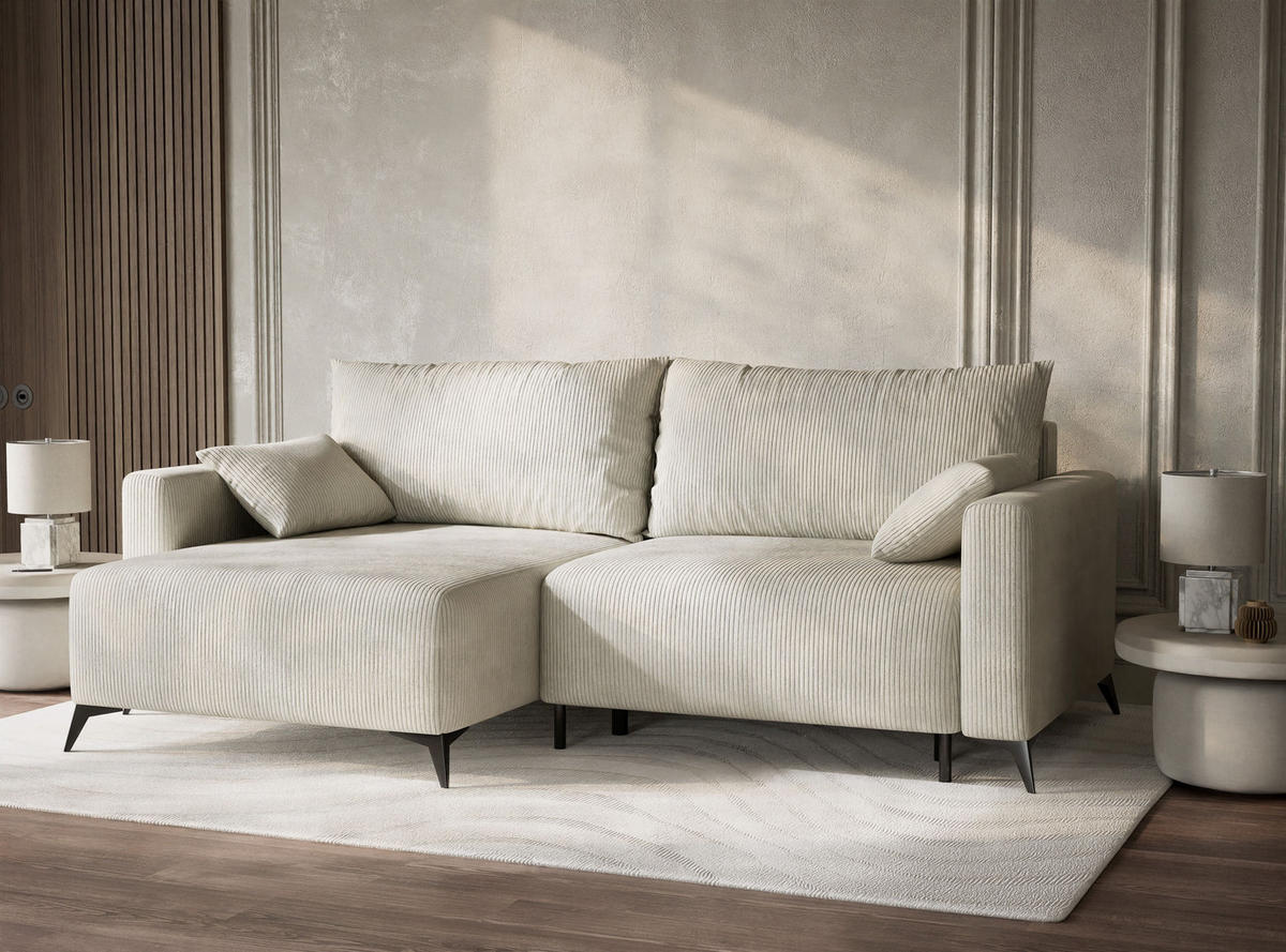 ECKSOFA MIT SCHLAFFUNKTION Leon Creme Samtstoff - Creme/Schwarz, Holz/Holzwerkstoff (148/239cm) - Maison de Reve