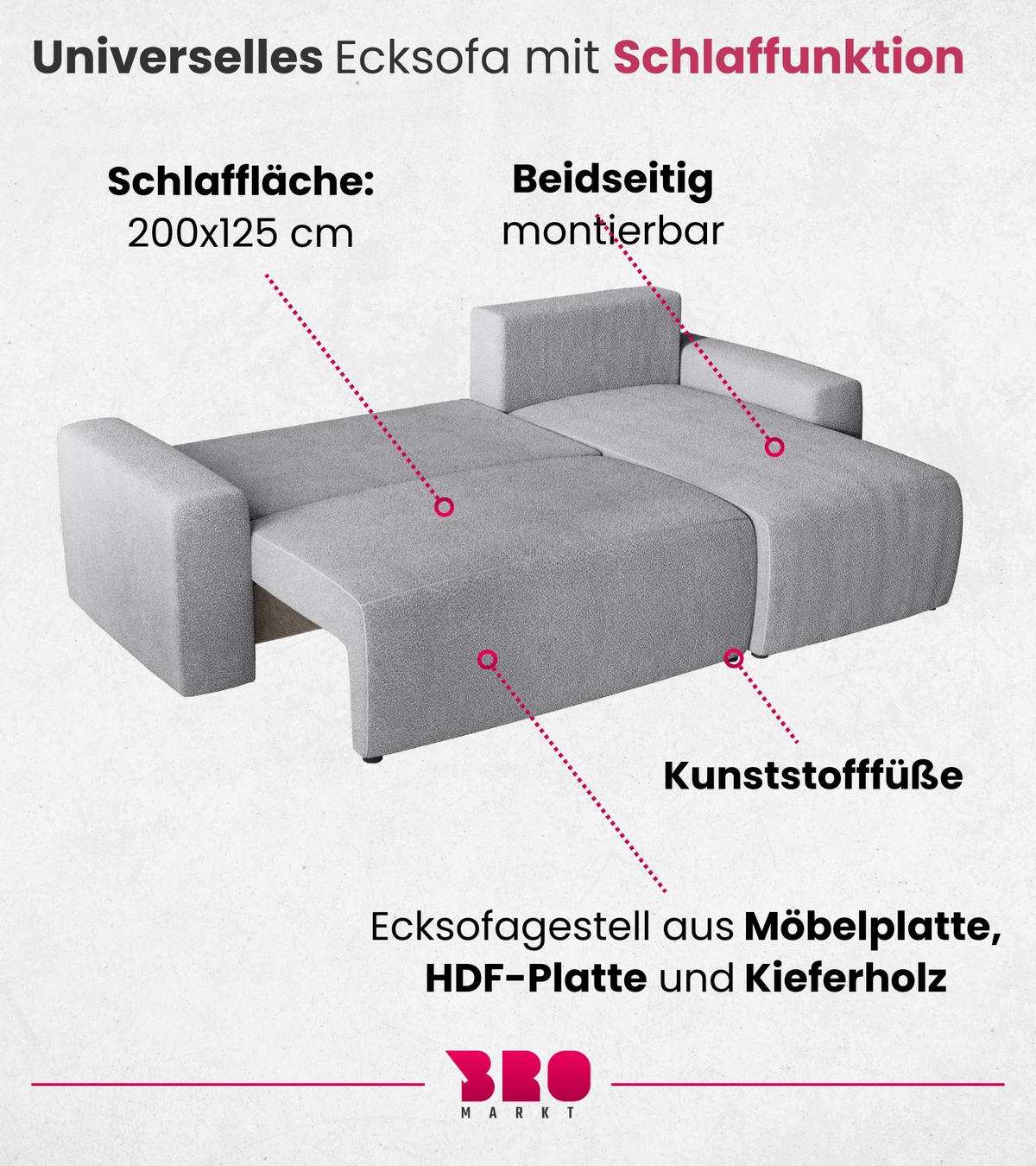 ECKSOFA PLUSH mit Schlaffunktion Grau Boucle - Hellgrau, Textil (240/145cm) - Bromarkt
