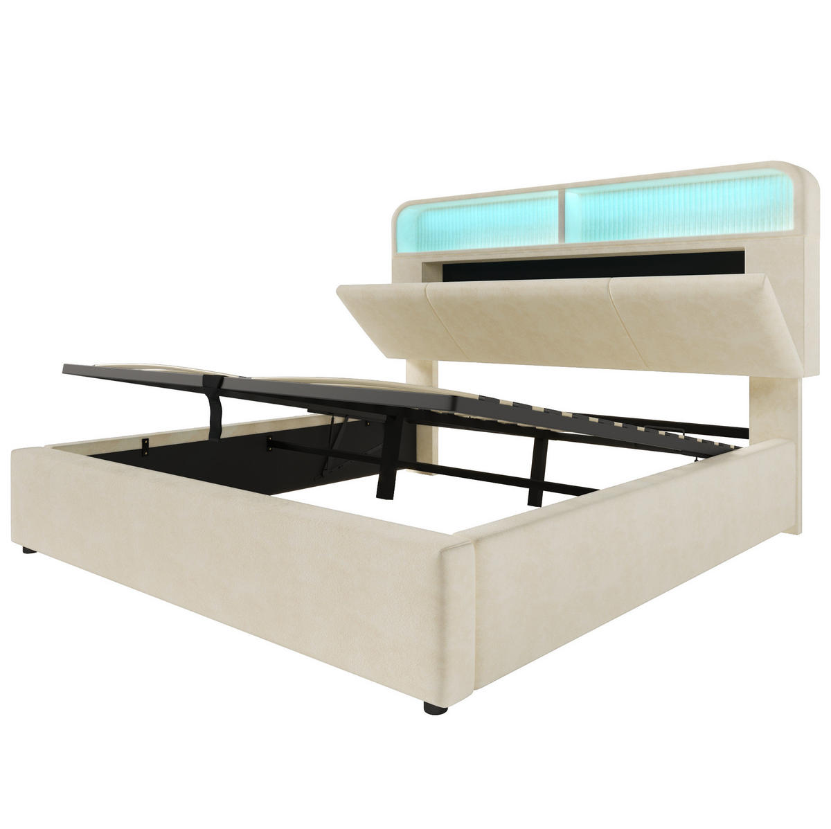 SAMT-POLSTERBETT 160/200 cm mit Bettkasten, LED-Beleuchtung und höhenverstellbarem Kopfteil - Beige, Textil (160/200cm) - BEAOK