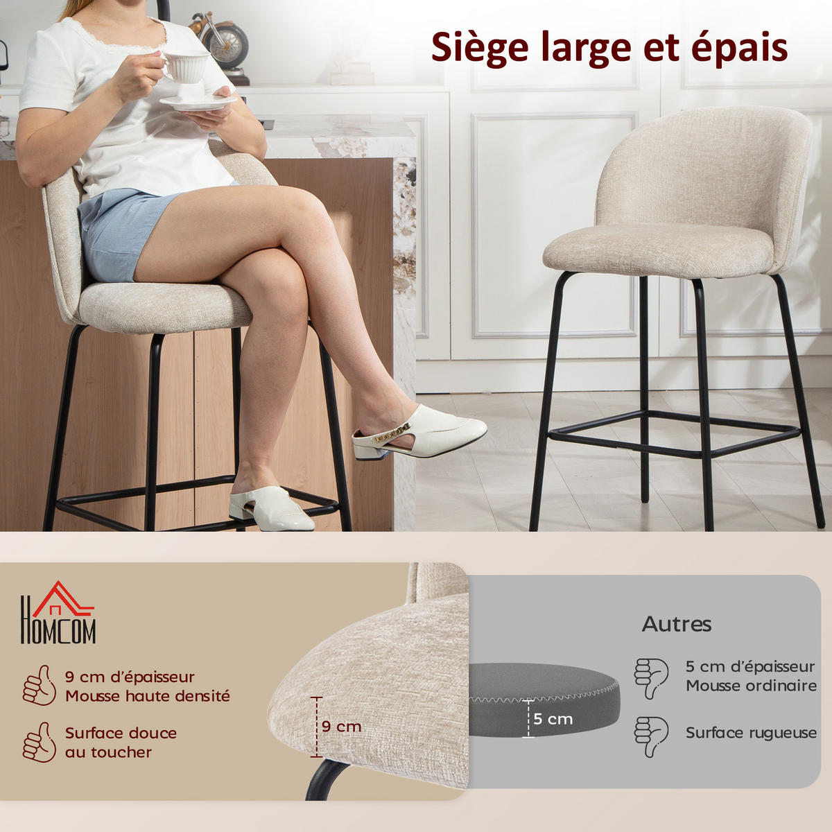 BARHOCKER 4er-Set DE-14820 mit Korbgeflecht-Rückenlehne & Fußstütze Gelb - Beige, Metall (50/93/55cm) - ComfortXL