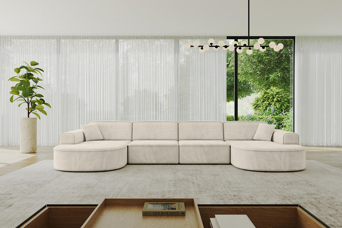 WOHNLANDSCHAFT MARI-U2 - 388x171x79 cm Ecru Velours - Ecru/Schwarz, Holzwerkstoff/Kunststoff (388/79/171cm) - ALTDECOR