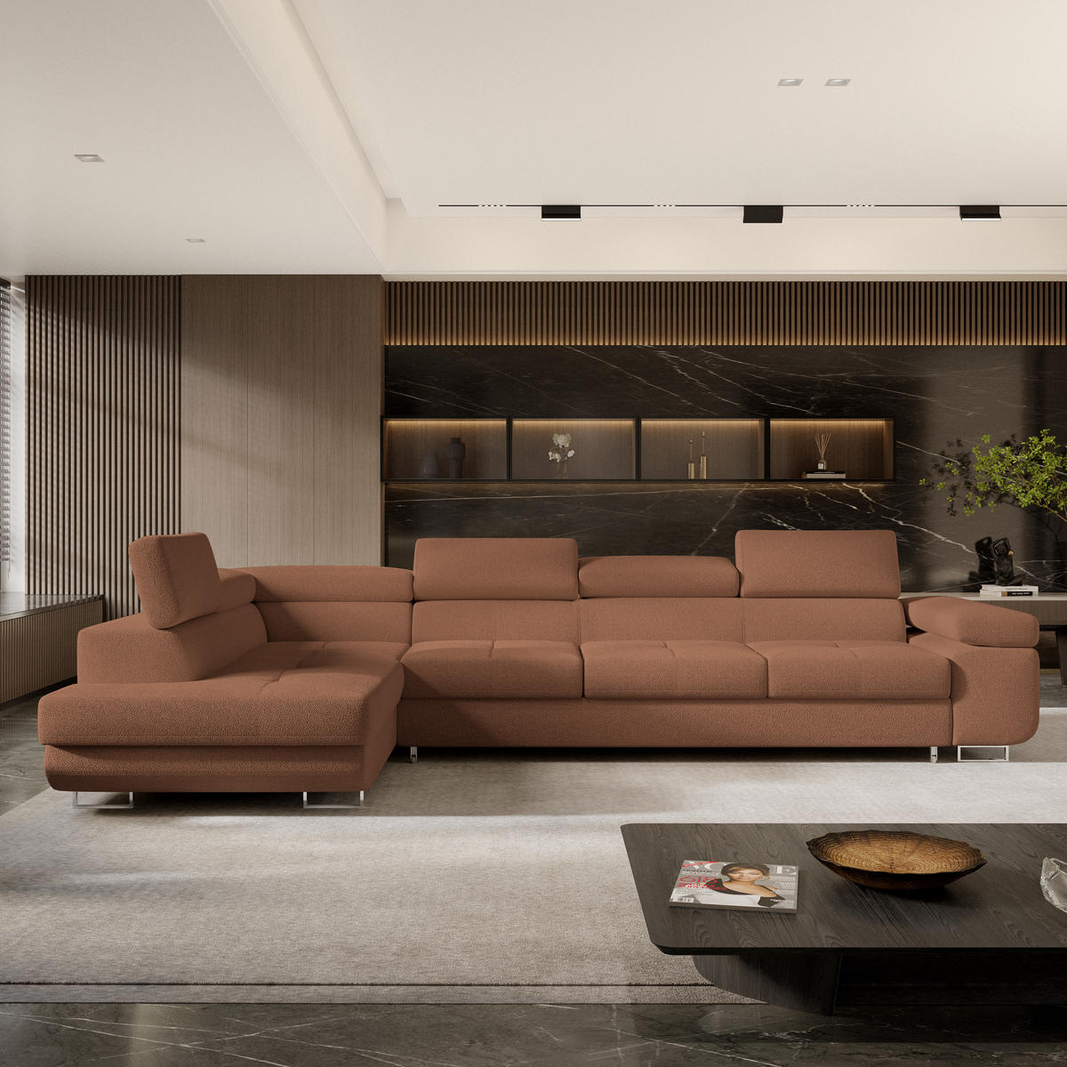 ECKSOFA VICENTE Kupferfarben Boucle-Stoff mit Schlaffunktion - Kupferfarben, Holz (346/202cm) - MASSENO