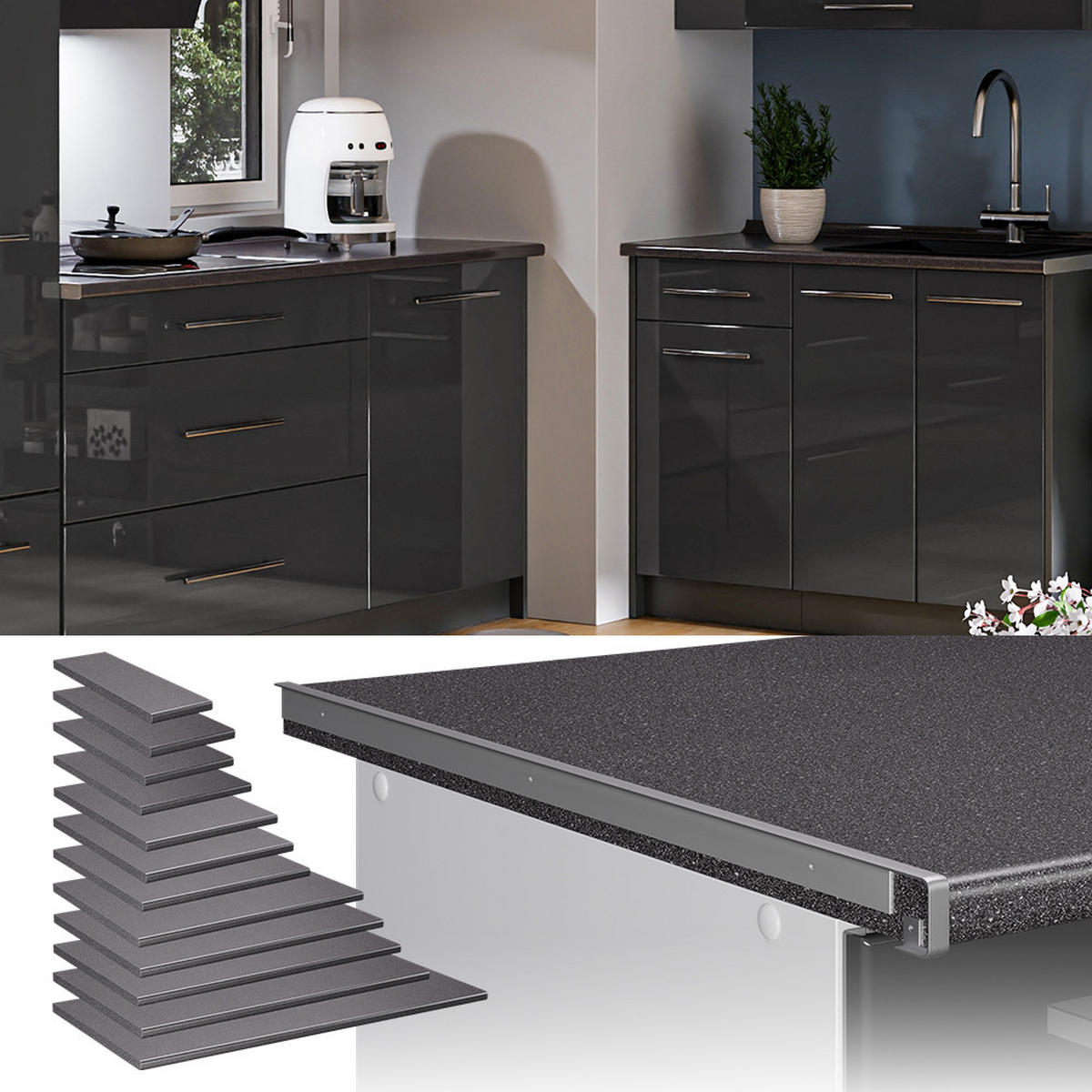 KÜCHENARBEITSPLATTE R-Line, Granit, 60 cm - Anthrazit, Holzwerkstoff (60/2.8/60cm) - Vicco