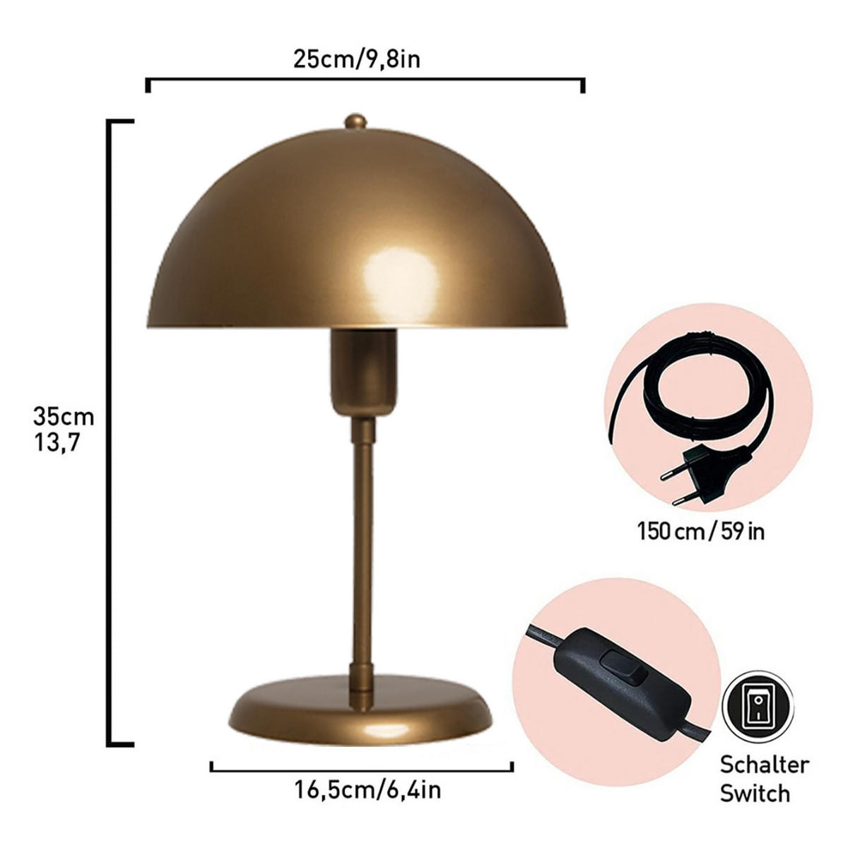 TISCHLEUCHTE Kleine Pilzlampen 26/35 - Messingfarben, Metall (35/26/35cm) - Bamyum