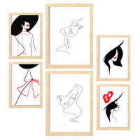 POSTER Set Mit 6 Serence Beauty 1 In Weibliche Zusammenfassung A3 & A4 Rahmen Aus Hellem Holz - Beige, Papier (29/3cm) - Nacnic