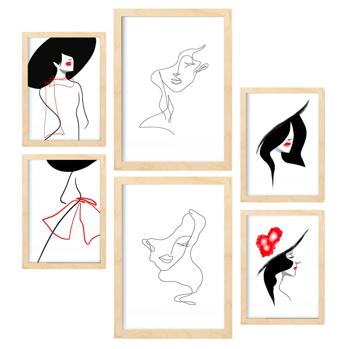 POSTER Set Mit 6 Serence Beauty 1 In Weibliche Zusammenfassung A3 & A4 Rahmen Aus Hellem Holz - Beige, Papier (29/3cm) - Nacnic