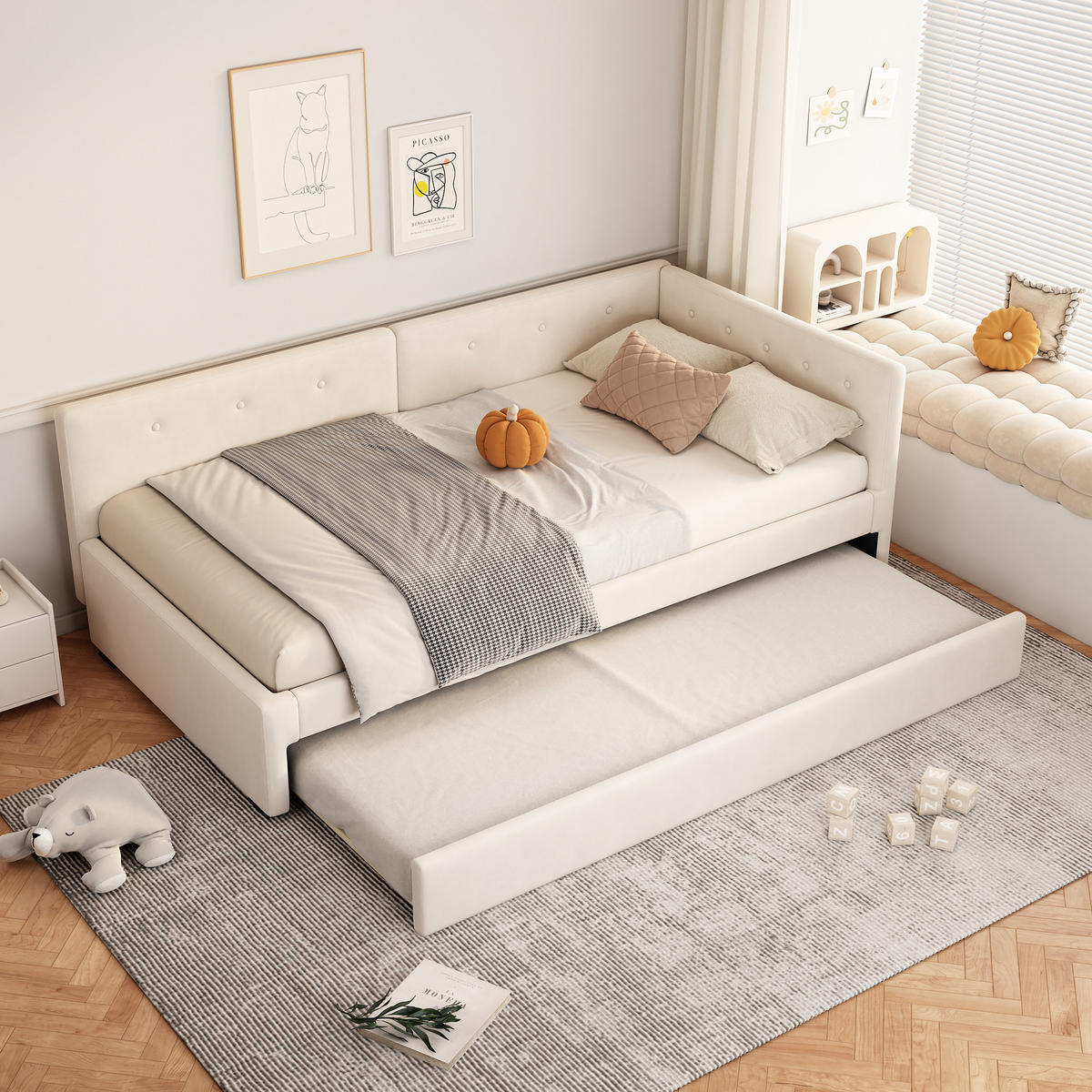 TAGEBETT 90x200cm Beige mit Rollbett minimalistisch - Beige, Holz (90/200cm) - FLIEKS