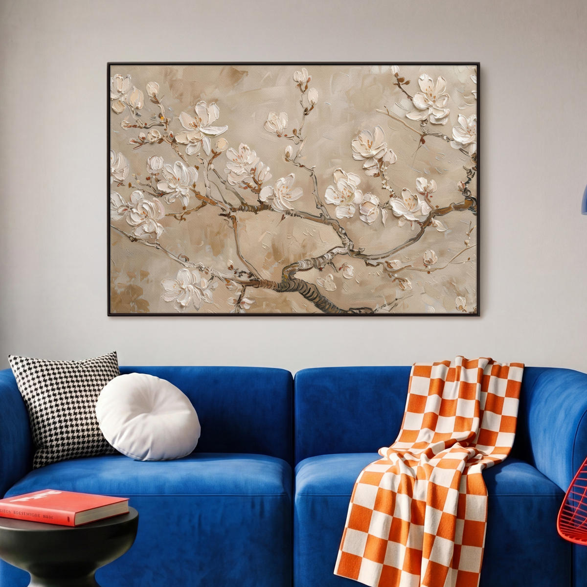 LEINWAND Bilder mit Rahmen - Blumen - Modern - Beige - Weiß - Blüte - 90x60 - Beige, Textil (90/60cm) - MuchoWow