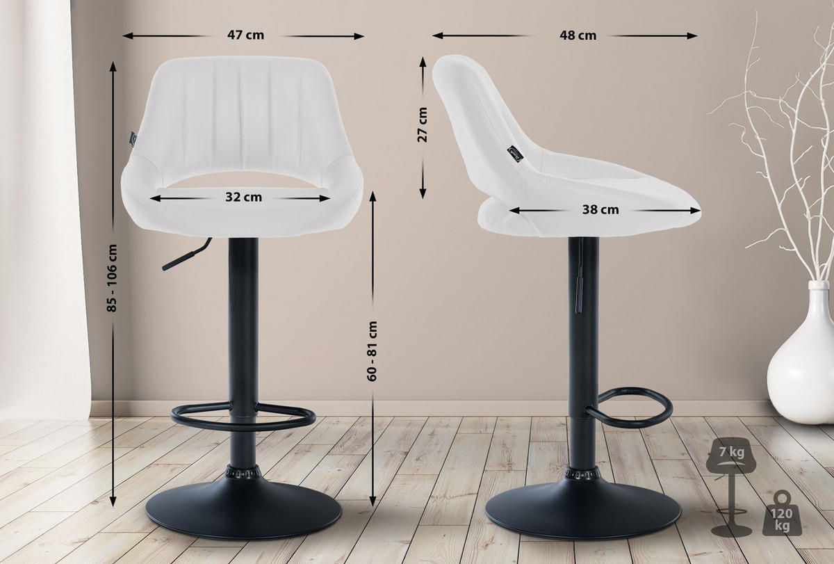 BARHOCKER 2er Set Milos Kunstleder B weiß - Schwarz/Weiß, Kunststoff/Metall (47/106/48cm) - TPFLiving