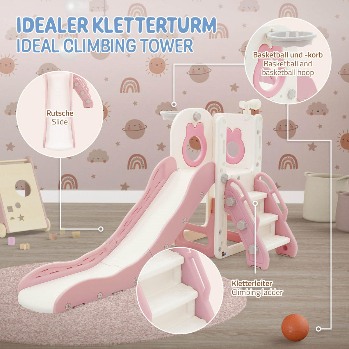 KINDERRUTSCHE Weiß-Rosa aus Kunststoff - Rosa, Kunststoff (91/90/162cm) - Joyz