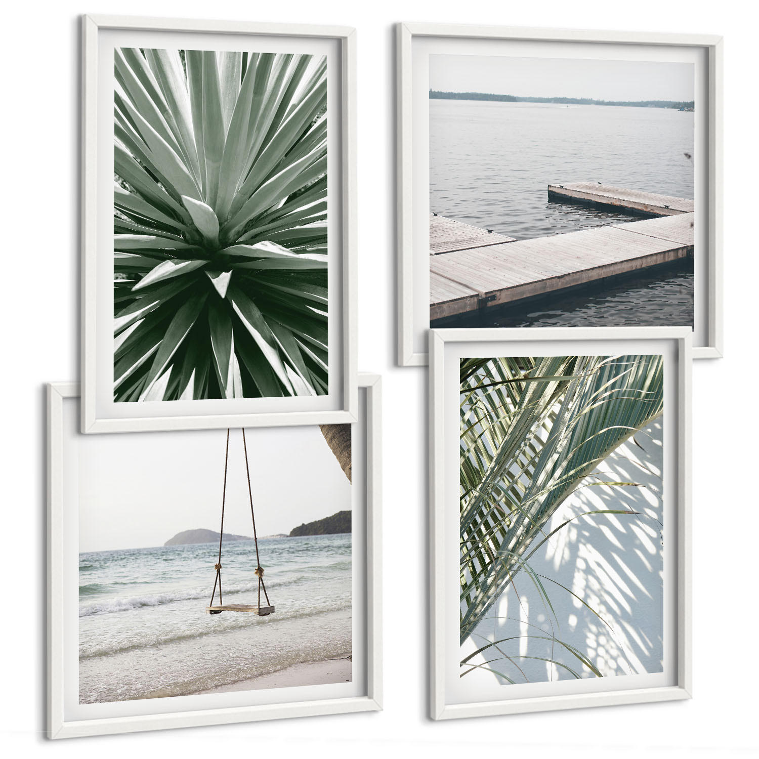 BILDER SET 4er Set - 50x50 cm & 40x60 cm Weißer Rahmen - Hängebrücke aus Palmenblättern - Weiß, Kunststoff (50/50cm) - TULUP