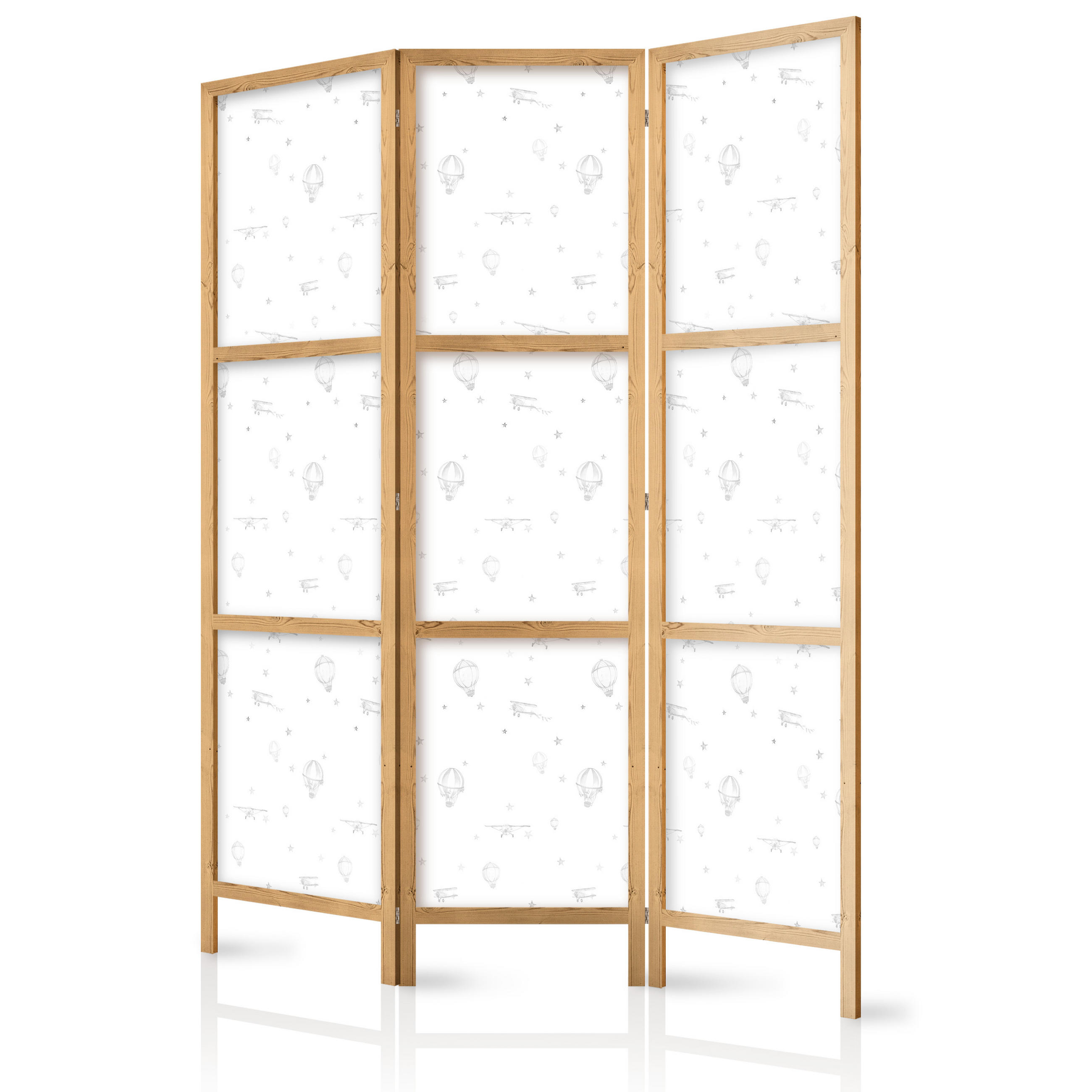 PARAVENT Japanischer 3-tlg 135x172 cm Luftballons Sterne Flugzeuge - Weiß, Holz/Textil (135/172/3cm) - Muralo