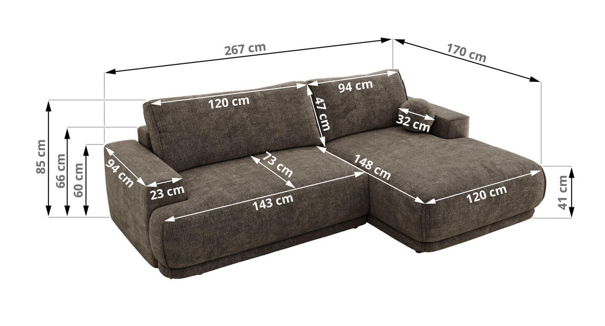 ECKSCHLAFSOFA RINA L Braun Schenille grob gewebt - rechts - Schwarz/Braun, Kunststoff/Textil (170/267cm) - MKS