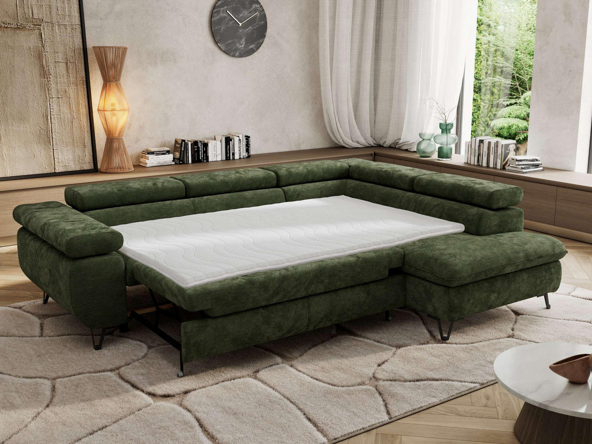 ECKSOFA PABLO L Dunkelgrün Schenille glatt - Rechts Seite - Dunkelgrün/Schwarz, Textil/Metall (273/208cm) - MKS