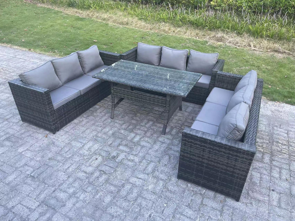 GARTENMÖBEL SET mit Esstisch Polyrattan 9-Sitzer - Dunkelgrau/Grau, Glas/Kunststoff - Fimous