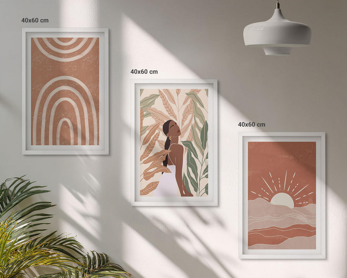 BILDER SET 3er Set - 40x60 cm Weißer Rahmen - abstrakte Formen im Boho-Stil - Weiß, Kunststoff (40/60cm) - TULUP