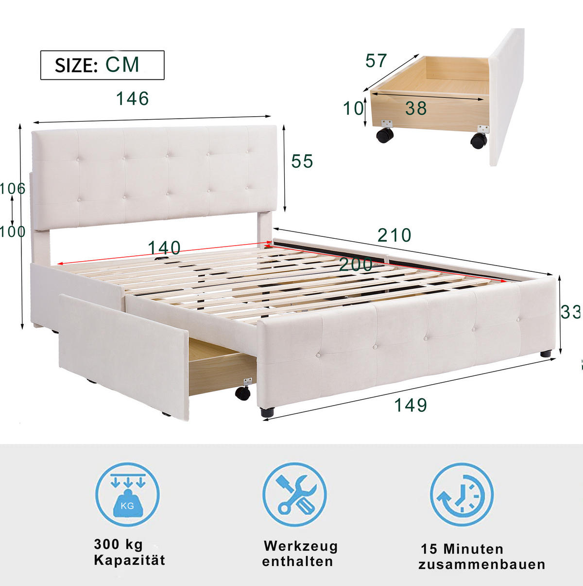 POLSTERBETT mit 4 Schubladen Beige - Beige, Holz (140/200cm) - Meubliv