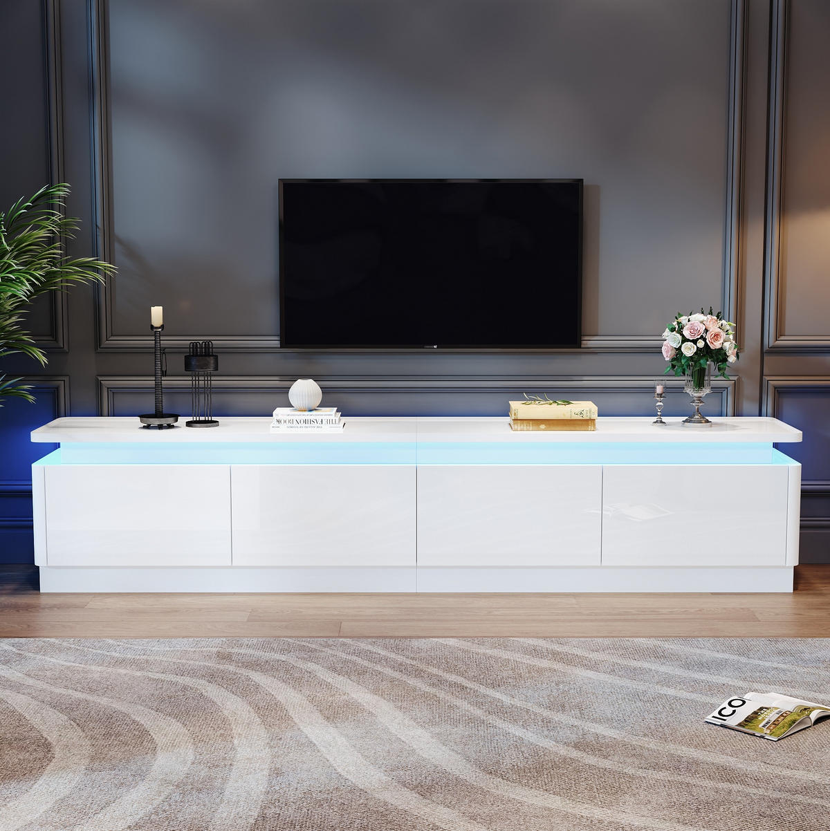 TV ormarić 180/34/40 cm bijeli od iverice s 4 ladice i LED rasvjetom - bijela, drvni materijal (180/40/34cm) - OKWISH