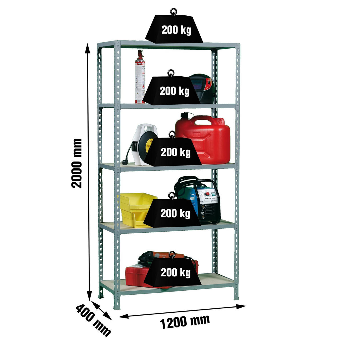 SCHWERLASTREGAL Big Muli HxBxT 200 x 120 x 40 cm 5 Fachböden Fachlast 200 kg Grau - Grau, Metall (120/200/40cm) - PROREGAL