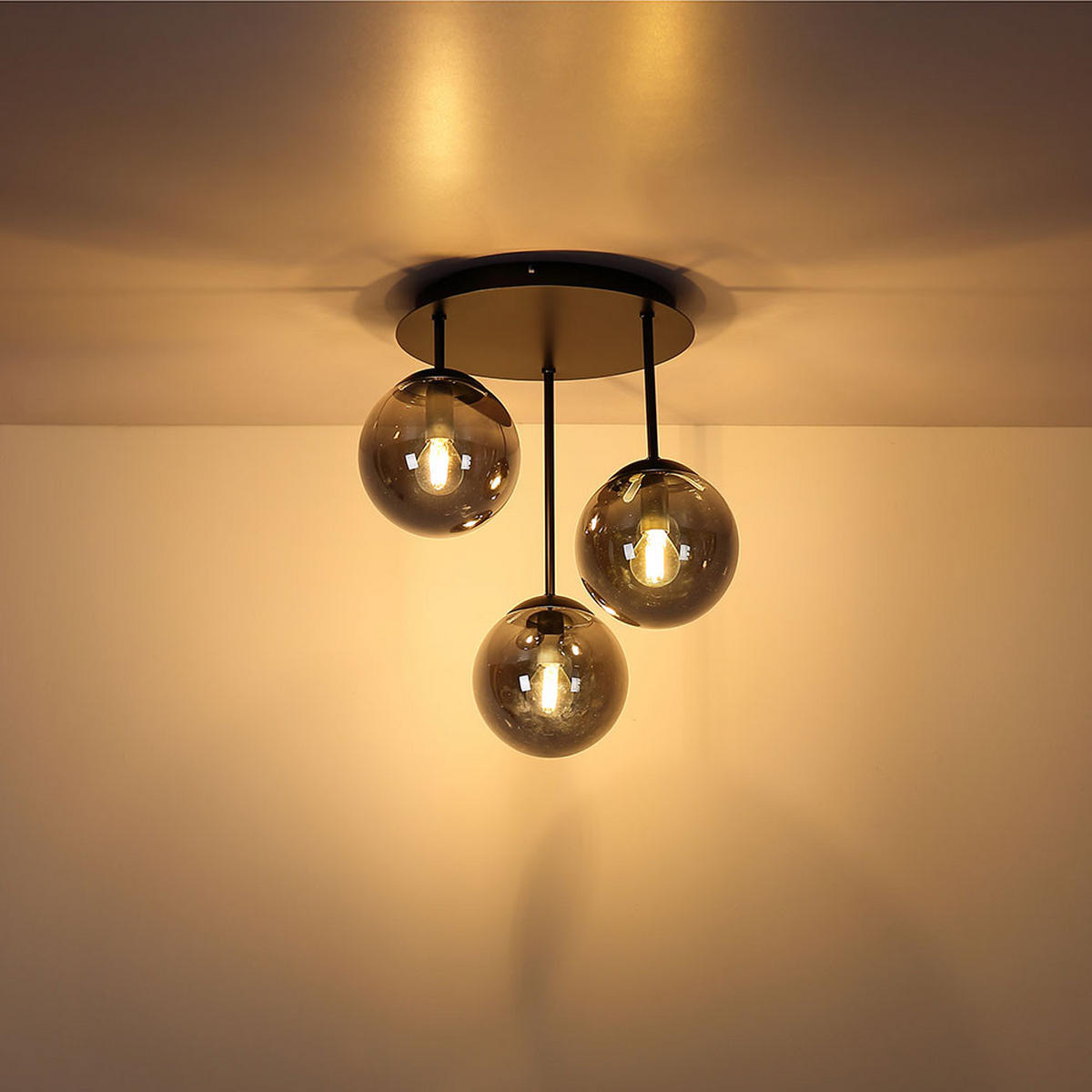 DECKENLEUCHTE HARMON, Metall, Schwarz, Rauchoptik - Schwarz, Glas (34/32.5/40cm) - Globo Lighting