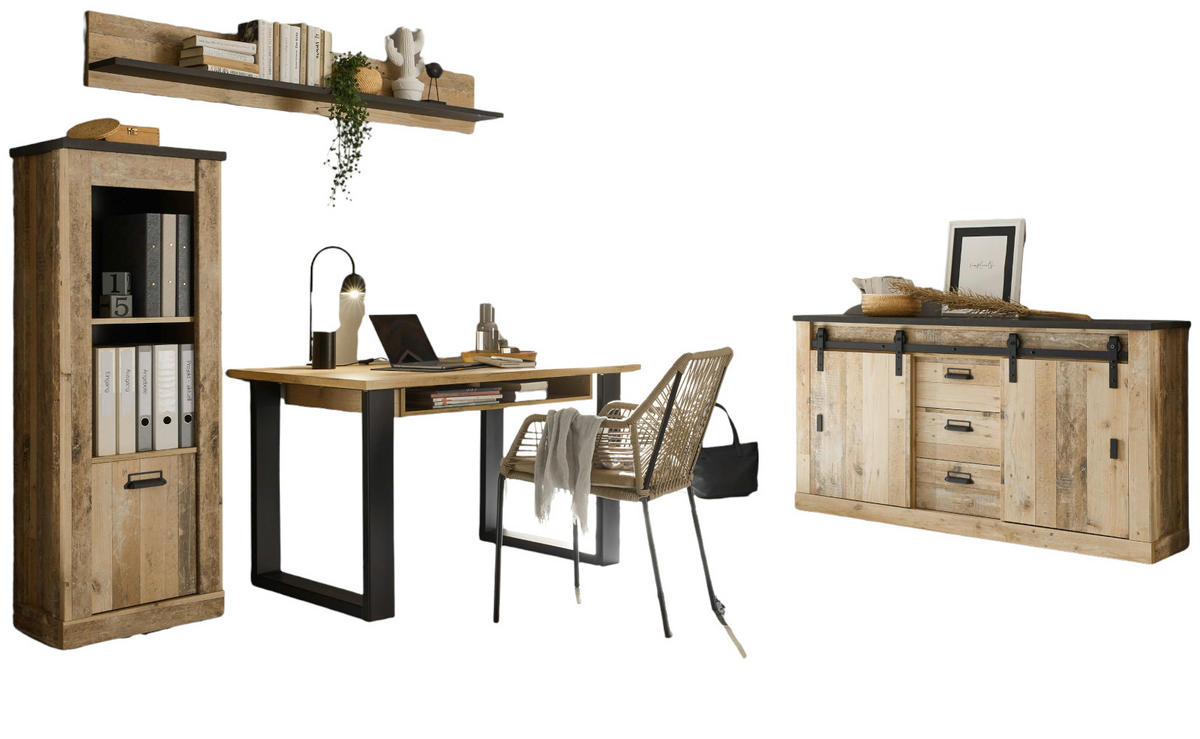 BÜROMÖBEL-SET Set, Used Wood hell, anthrazit, mit Aktenregal, Kommode Wandregal - Eichefarben/Anthrazit, Holzwerkstoff/Metall (60/377/200cm)