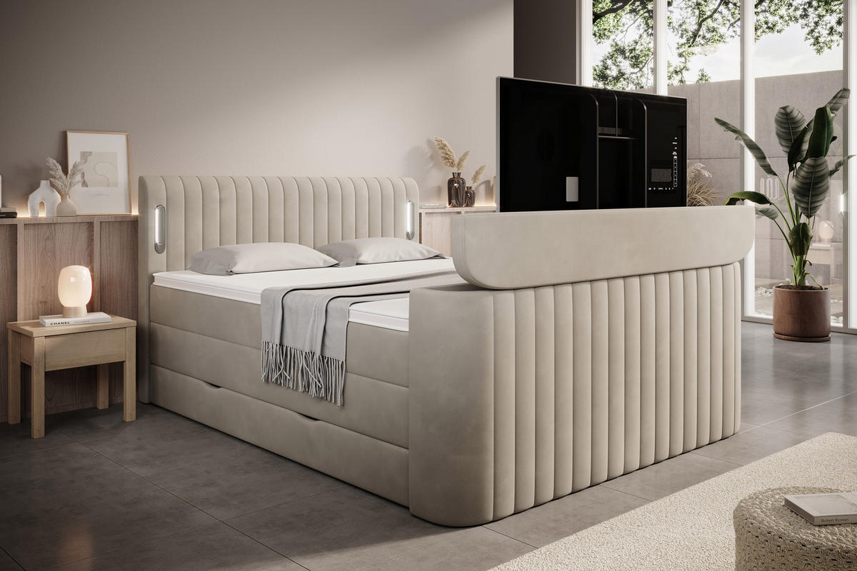 BOXSPRINGBETT FLY Beige 160/200 cm H3/H4 mit TV-Lift Samt - Beige, Textil (160/200cm) - wonello
