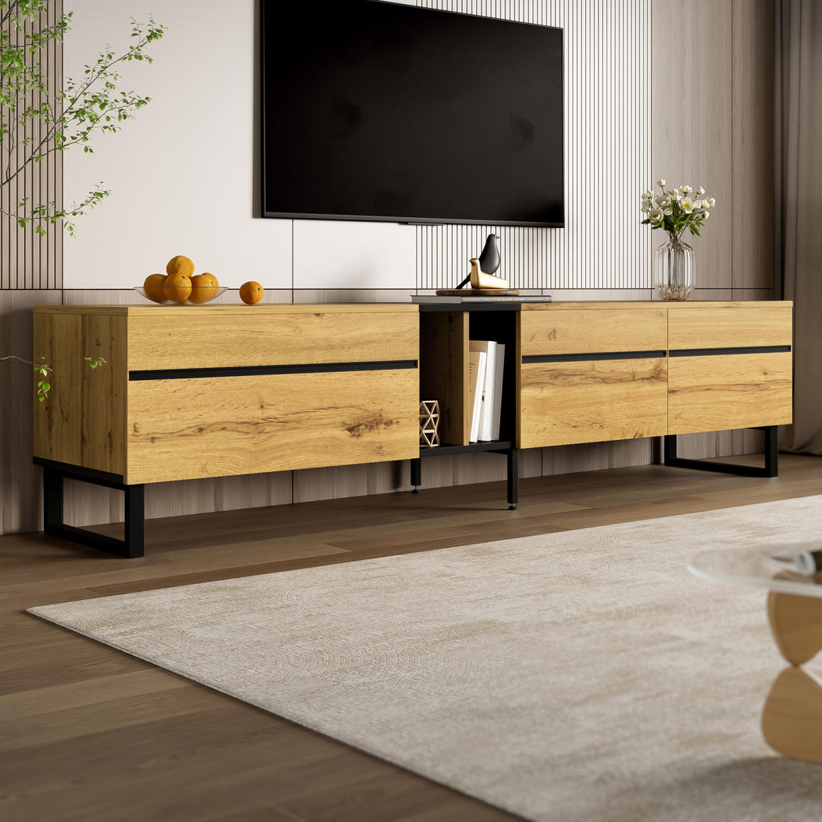 TV Lowboard 180 cm, Klappfach, offene Fächer, Doppeltüren - Braun, Holz (180/45/38cm)