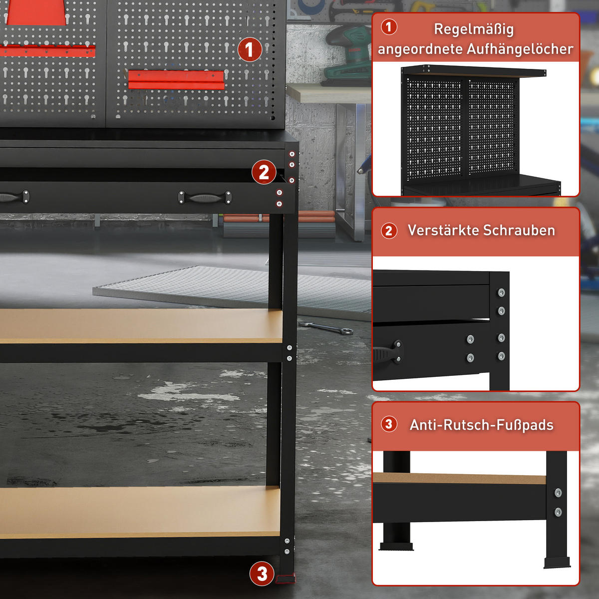 WERKBANK MDF Metall Schwarz - Schwarz, Metall (80/40.5/155cm) - HOMCOM