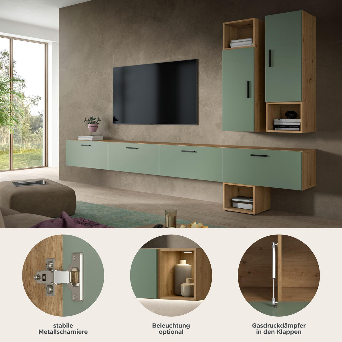 WOHNWAND Primo 6 tlg. (B/H/T: ca. 300/178/34 cm) in Artisan Oak /Smoke Green - Eiche Artisan, Holzwerkstoff (300/178/34cm)