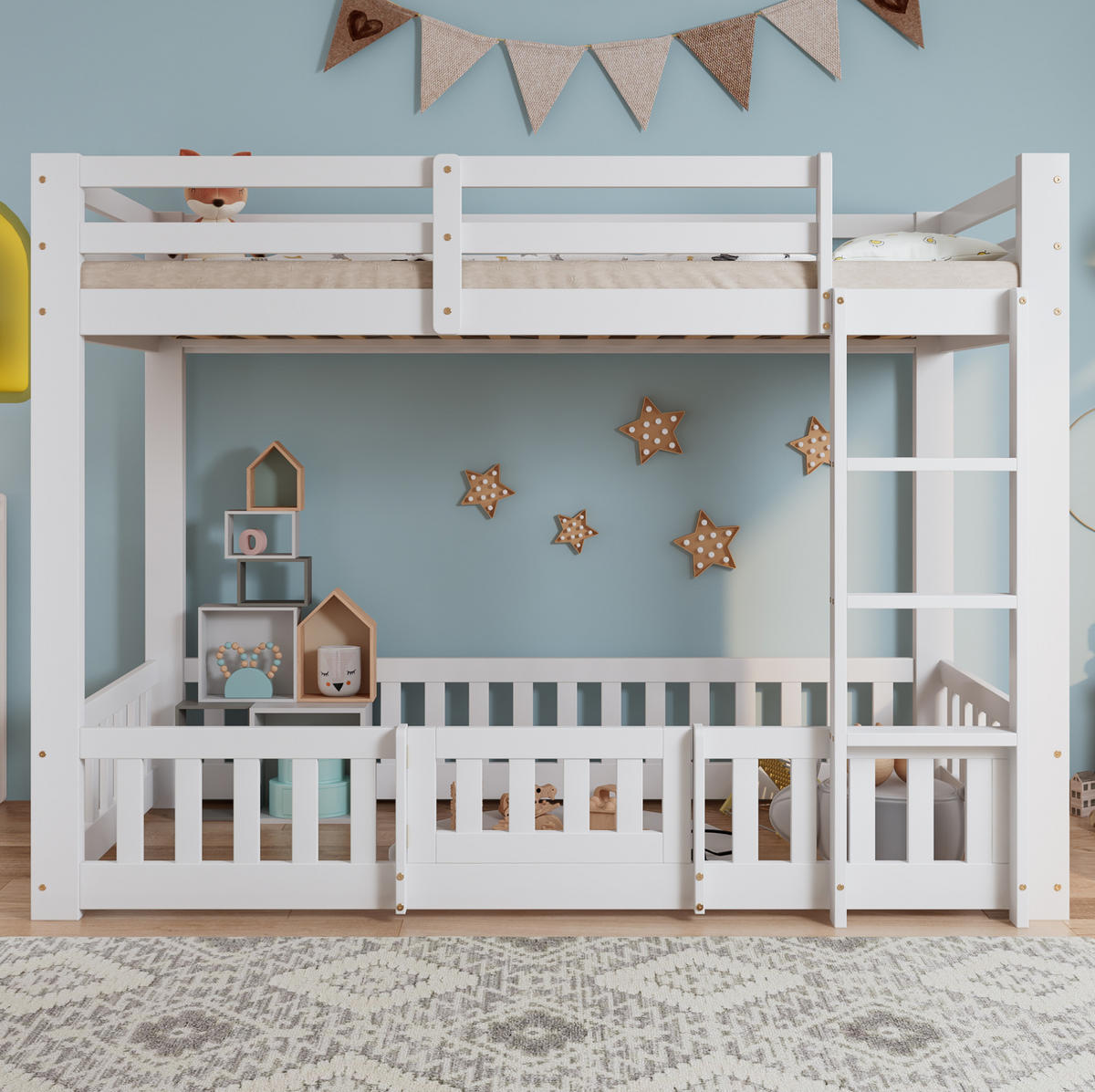 ETAGENBETT 90/200 cm weiß aus Kiefer/LVL mit Treppe und Tür - Weiß, Holzwerkstoff (90/200cm) - OKWISH