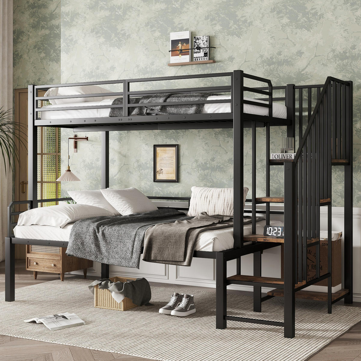 POSCHODOVÁ posteľ 90/200 a 120/200 cm čierna s úložným rebríkom z MDF a kovu - čierna, kompozitné drevo (90/200cm) - OKWISH