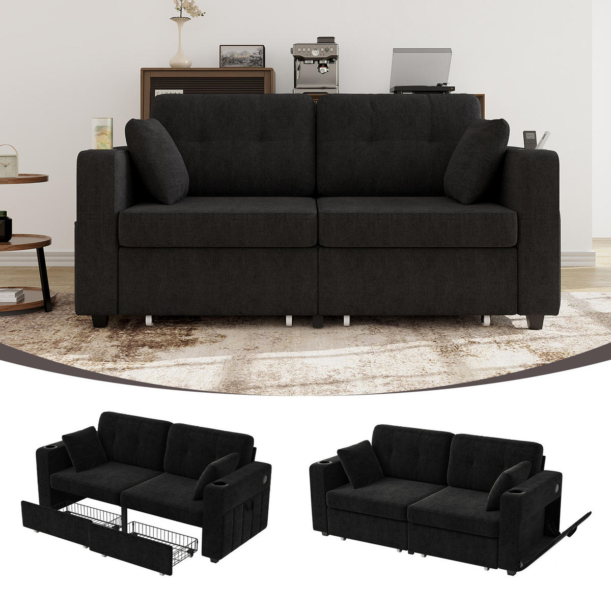 2-SITZER Sofa 172/75/82 cm mit USB-Anschlüssen, Stauraumschubladen und Getränkehaltern, Chenille, Schwarz - Schwarz, Textil (172/82/75cm) - Redom