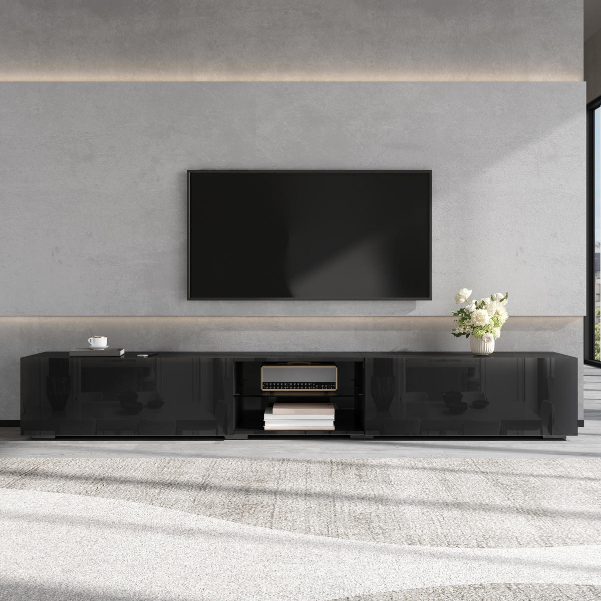 TV-SCHRANK 200/30/30 cm Schwarz mit LED-Beleuchtung und 2 Türen - Schwarz, Holzwerkstoff (200/30/30cm) - Oxeza