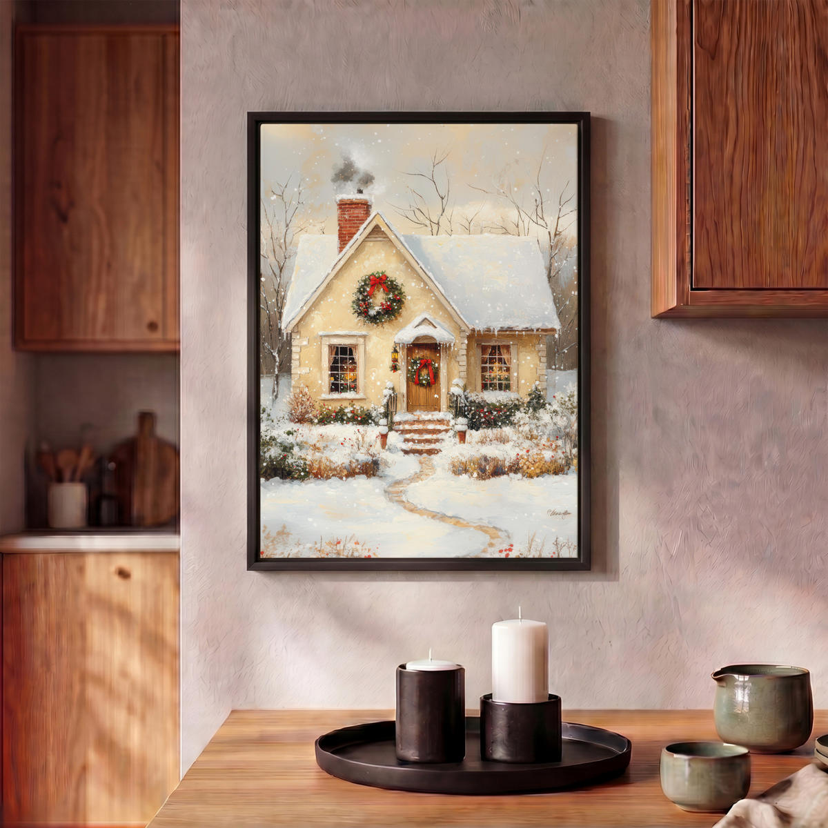 LEINWAND Bilder mit Rahmen - Weihnachten - Zuhause - Winter - Schnee - 30x40 - Creme, Textil (30/40cm) - MuchoWow
