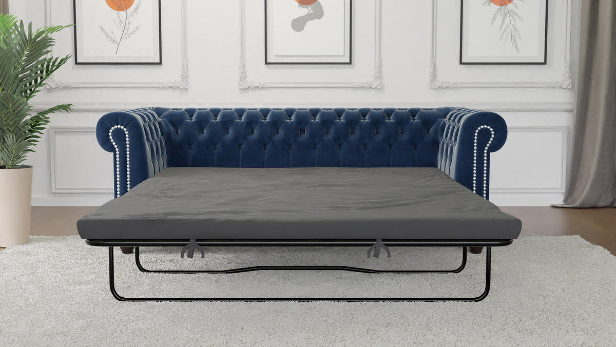 CHESTERFIELD-SOFA 3-Sitzer mit Schlaffunktion Nyx Marineblau Samt - Dunkelblau/Braun, Holz/Textil (203/28/86cm) - S-Style Möbel