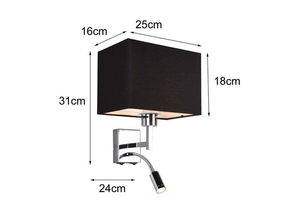 WANDLAMPE mit Schalter & Leselampe Schwarz, Höhe 31cm - Schwarz, Textil/Metall (25/31/24cm) - meineWunschleuchte