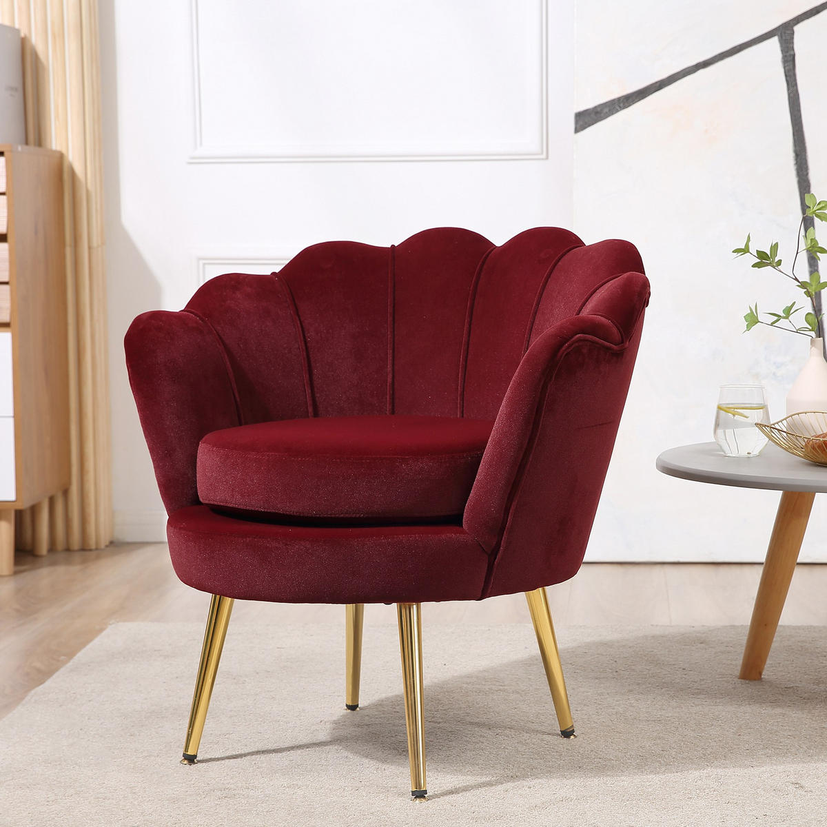 SESSEL DE-13421 Muschelform mit Samt & goldenen Metallfüßen Rot - Weinrot, Textil (67/74/76cm) - ComfortXL