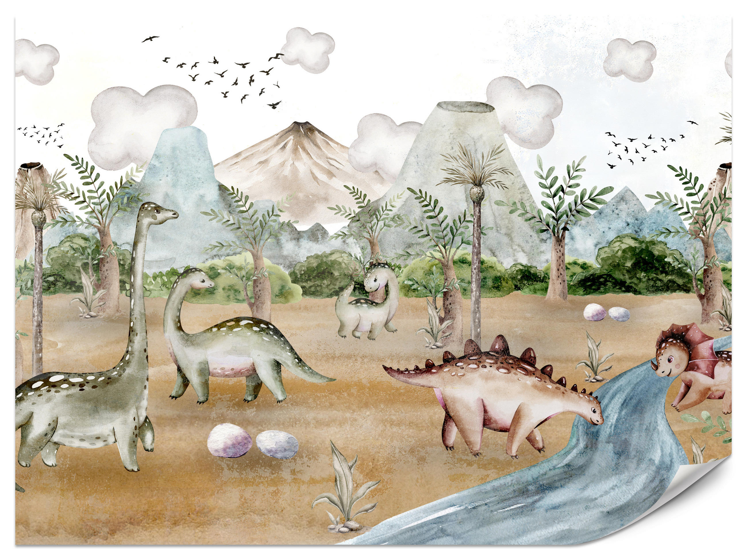 FOTOTAPETE für Kinderzimmer Dinosaurier Welt Vulkane Aquarell Tropische Bäume 350x256 - Blau/Beige, Papier (350/256cm) - Muralo