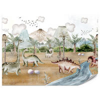 FOTOTAPETE für Kinderzimmer Dinosaurier Welt Vulkane Aquarell Tropische Bäume 350x256 - Blau/Beige, Papier (350/256cm) - Muralo