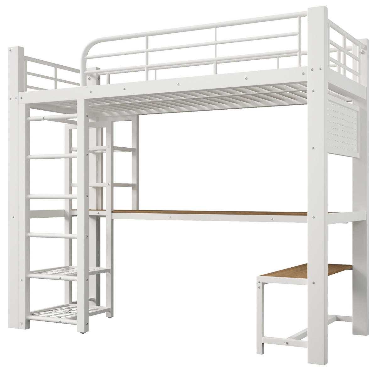 HOCHBETT 90/200 cm in Weiß mit Schreibtisch, Kleiderstange, Lochplatte und LED - Weiß, Metall - STILVORA