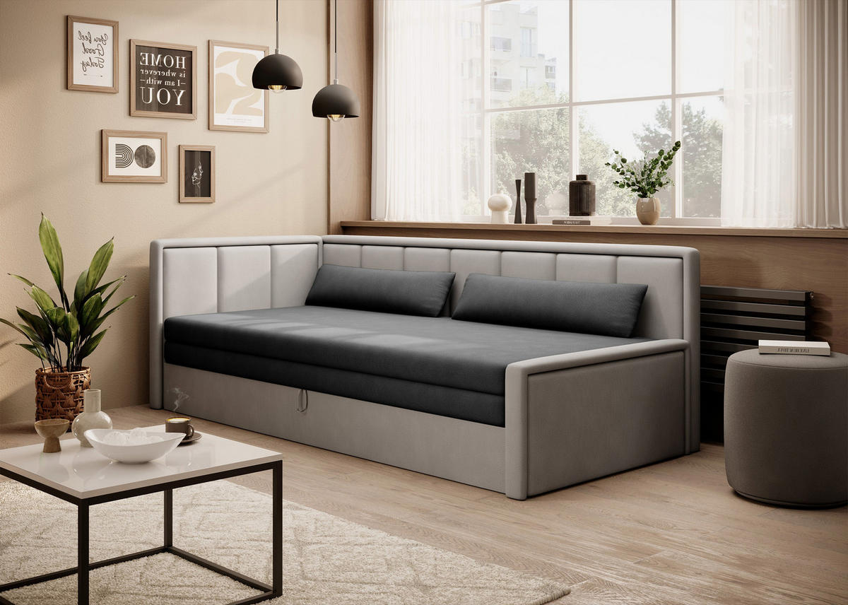 SCHLAFSOFA FULGEO mit Schlaffunktion & Bettkasten – Modernes 3-Sitzer Sofa, Liegefläche 200 x 150 cm - Grau, Kunststoff (214/82/77cm) - Wohnideebilder