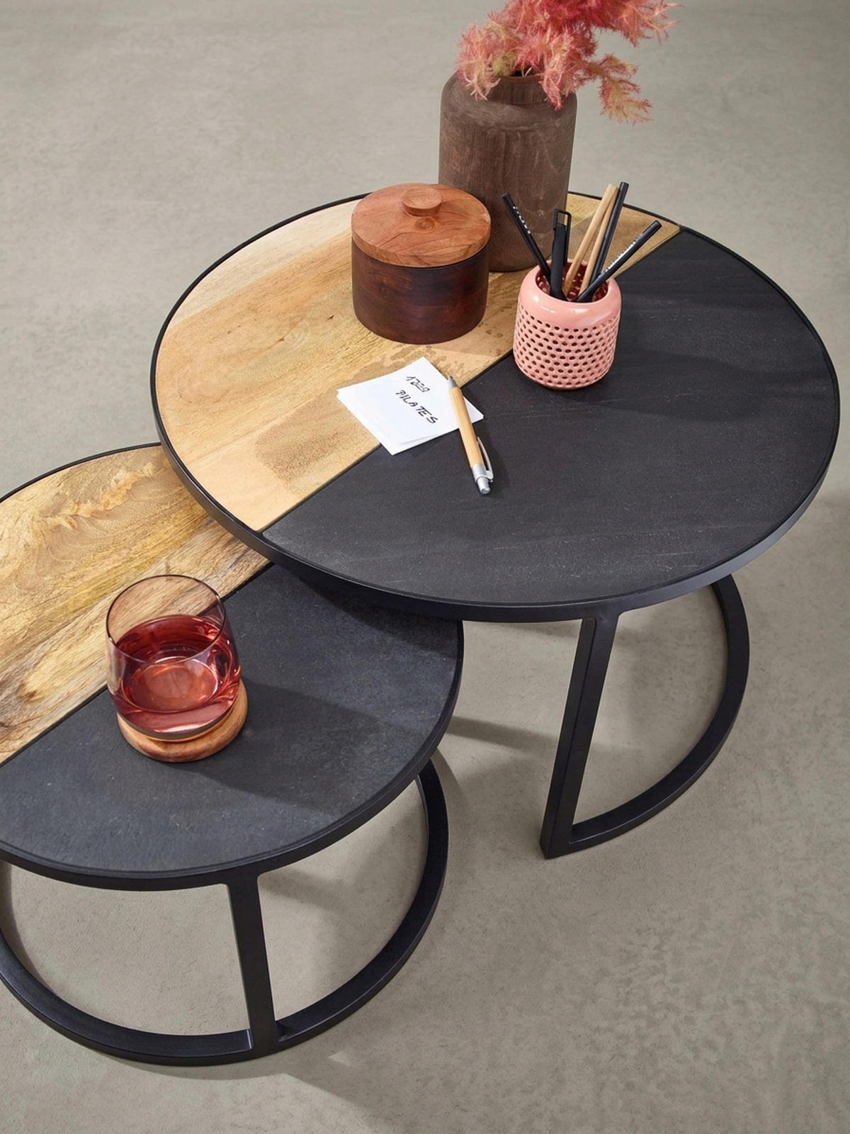 COUCHTISCH Set – Rund Mango Massivholz Steinoptik 2-teilig modern - Schwarz, Holz/Metall (60/60/36cm) - KADIMA DESIGN