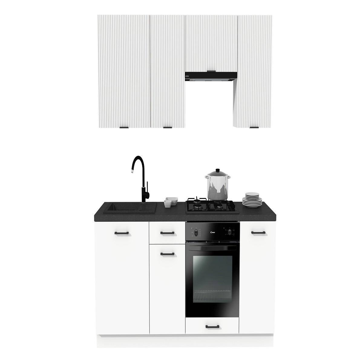 KÜCHENZEILE 200 cm mit Arbeitsplatte - SIMPLY Z21 - in Weiß Matt / Weiß Rille - Schwarz/Weiß, Holz/Holzwerkstoff (200/212/53cm)