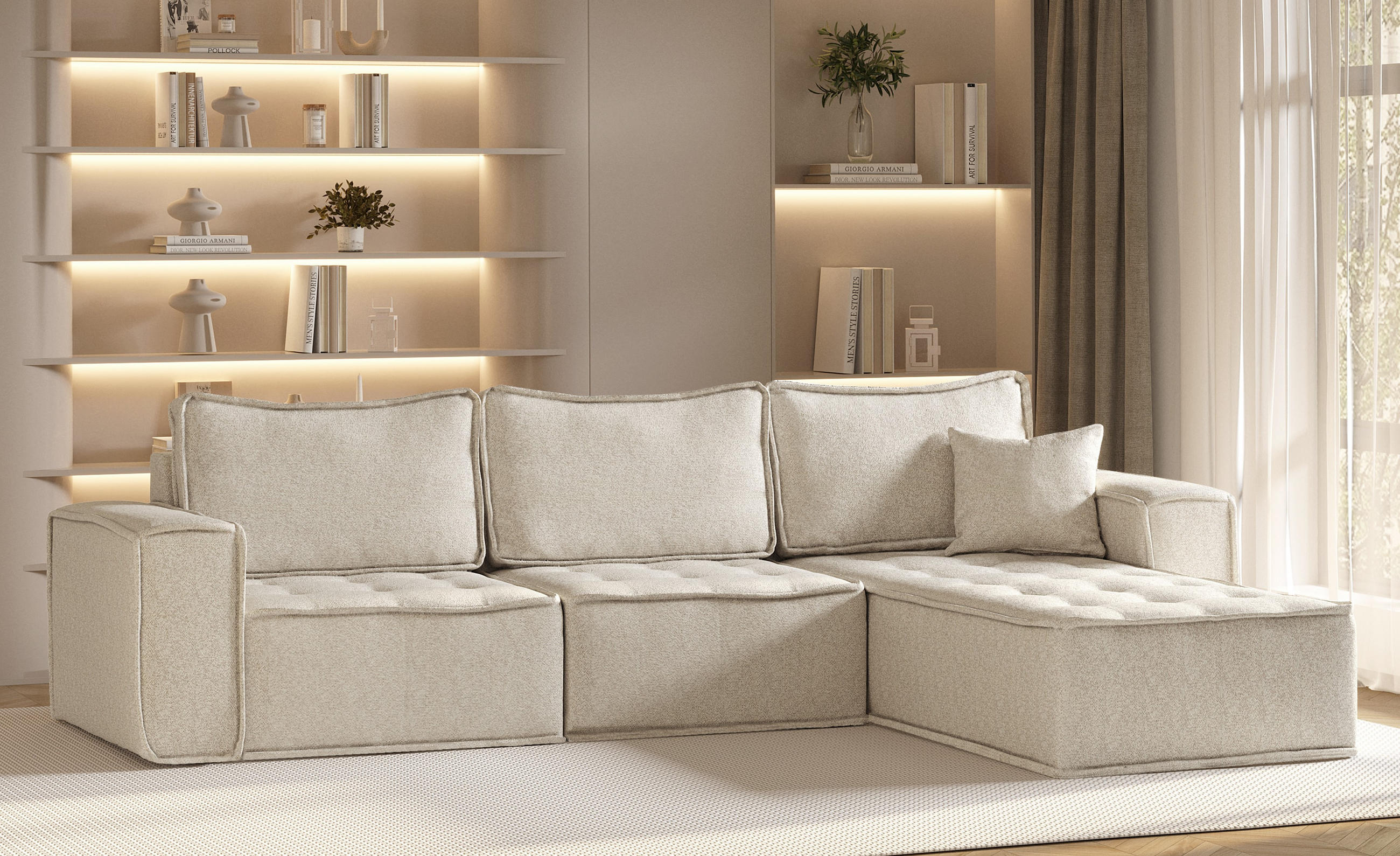 ECKSOFA L-förmige Bohoo-Maxi Champagner Rechts - Champagner, Holz (292/192cm) - Kaiser Möbel