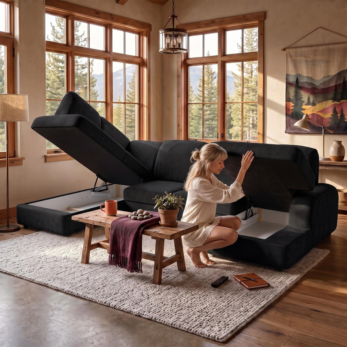 ECKSOFA VIBE U Links mit Schlaffunktion 129x263 Chenille Anthrazit - Anthrazit/Schwarz, Holz/Kunststoff (280/102/186cm) - Muffo