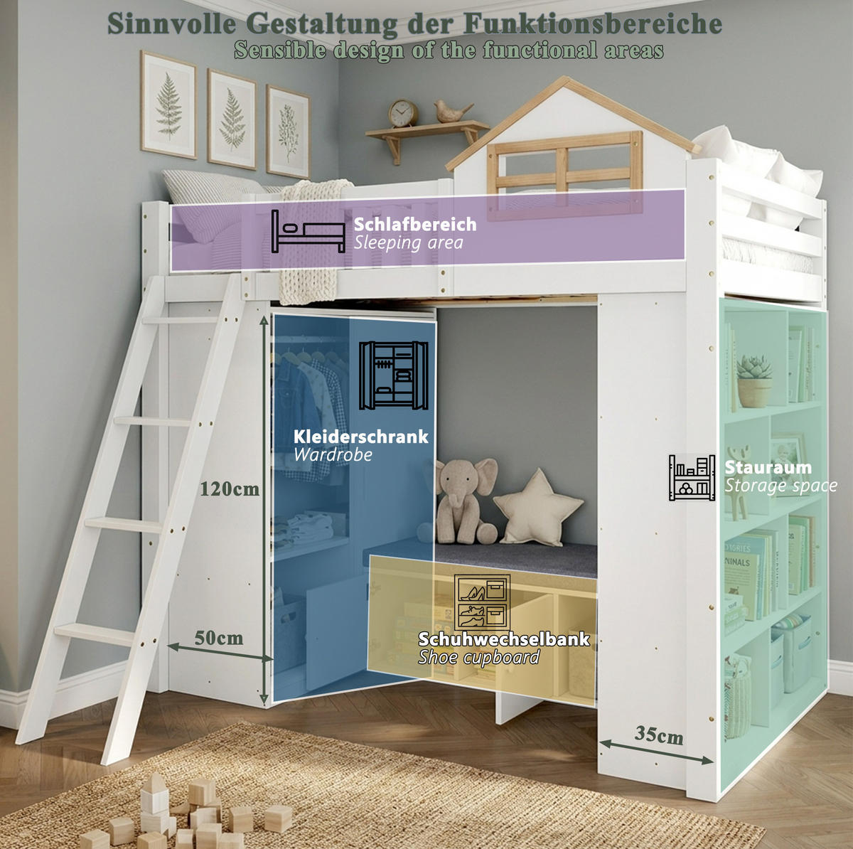 HOCHBETT aus Kiefer 90x200 cm Weiß/Natur mit Kleiderschrank, Regal und Sitzbank mit Stauraum - Weiß, Holz (90/200cm) - Modfu