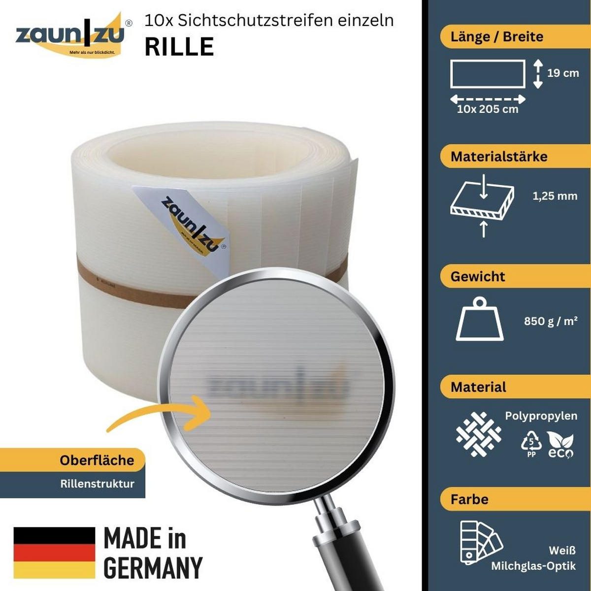 SICHTSCHUTZSTREIFEN Rille 10x Einzelstreifen 2,55m Sichtschutz Milchglas-Optik, 10 x 2,55m - Transparent, Kunststoff (2550/19cm) - ZAUN|ZU