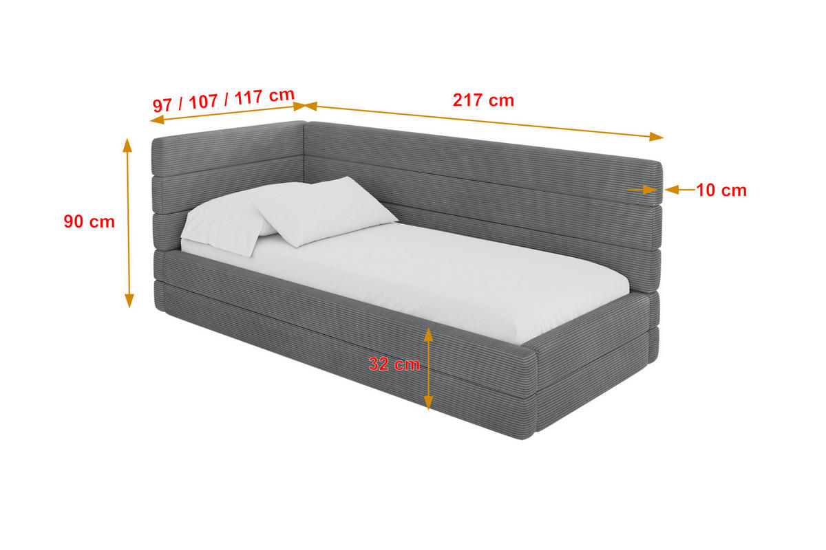 EINZELLBETT Jugendbett mit Bettkasten, Rechts - BEMY 90x200 Dunkelgrau - Schieferfarben, Holzwerkstoff/Textil (90/200cm) - ALTDECOR
