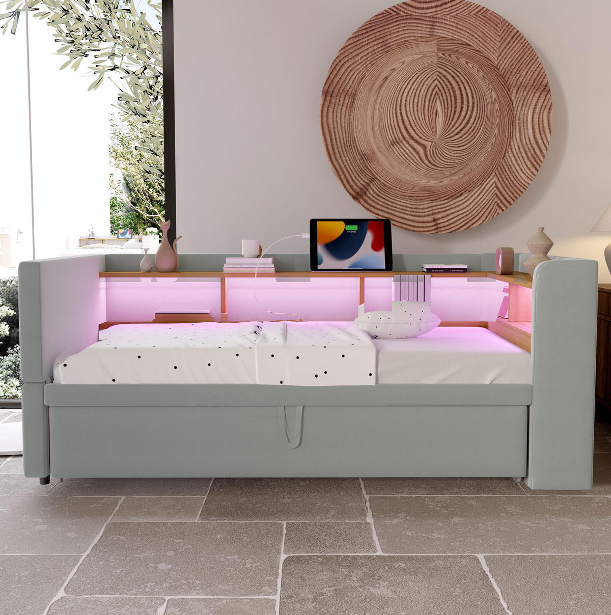 SCHLAFSOFA 90/190 cm ausziehbar mit LED-Beleuchtung, Steckdosen und Ablagefächern, Hellgrau - Hellgrau, Textil (199/80/211cm) - Redom
