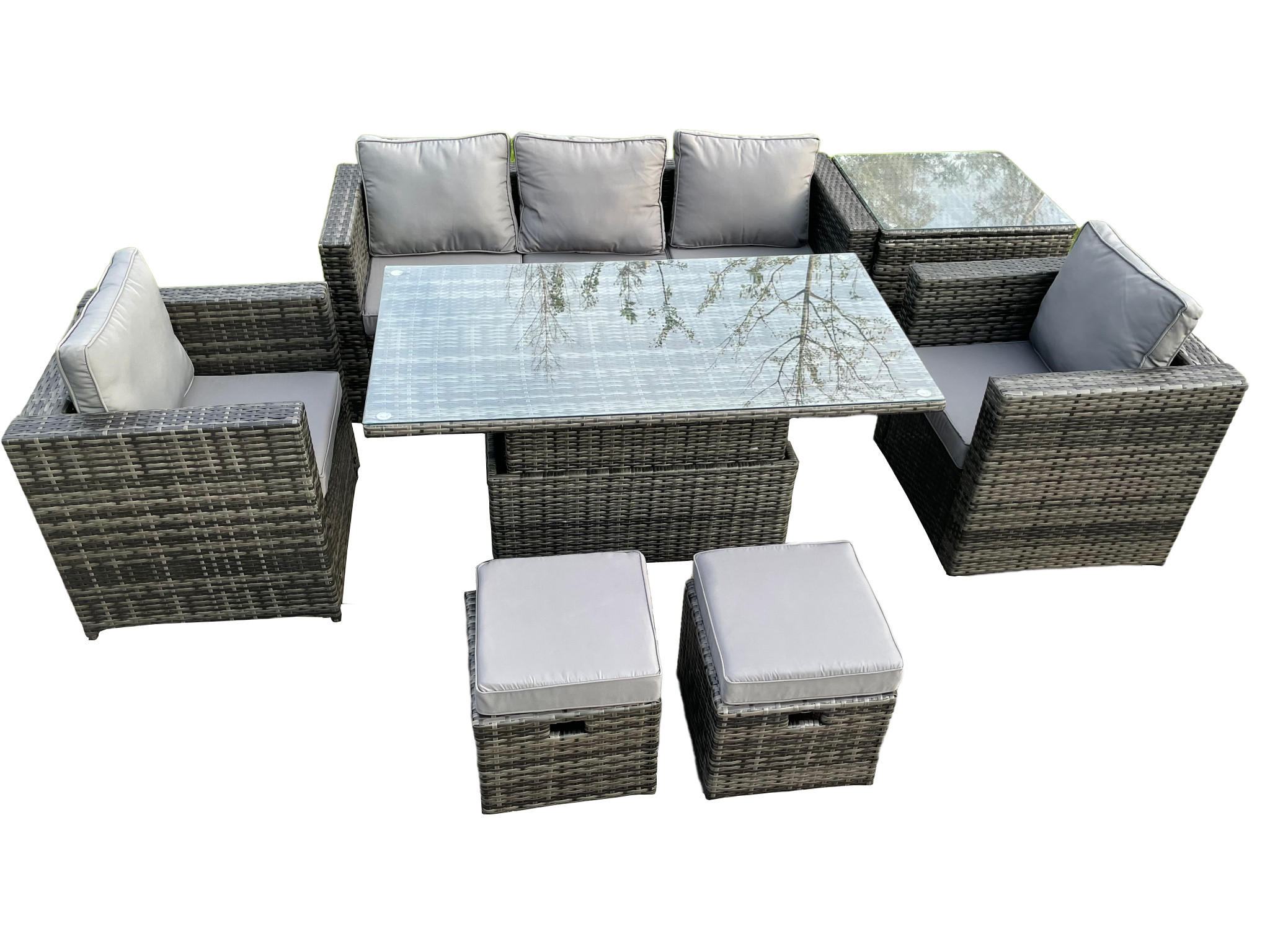 GARTENTISCHGRUPPE Polyrattan 7-Sitzer - Dunkelgrau/Grau, Glas/Kunststoff - Fimous